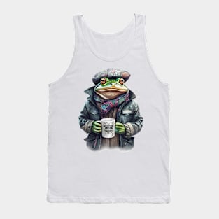 Frog wearing a jackets holding a cup coffee Tank Top